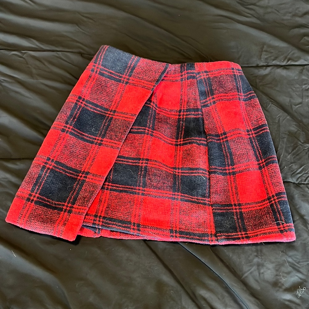 Red and navy plaid skirt